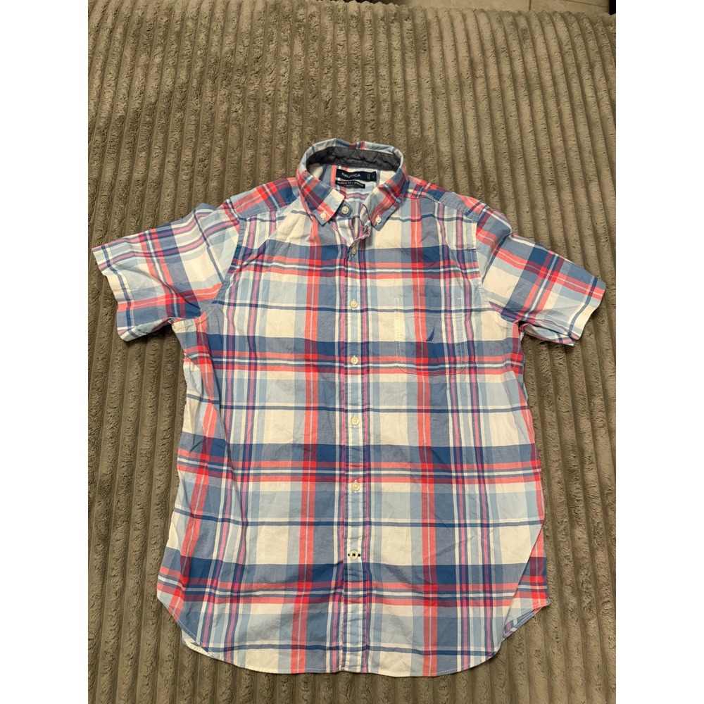 Nautica Mens Plaid Short Sleeve Button Down Shirt Blue Red Classic Fit Stretch L